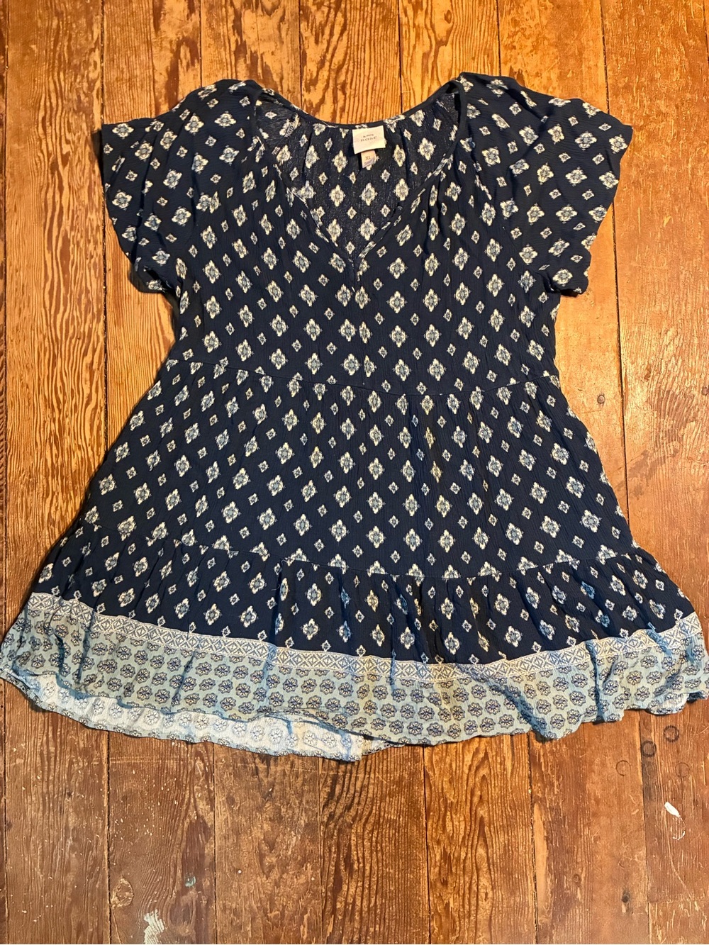 Knox Rose Navy and Light Blue Patterned Ruffle-Hem Dress
